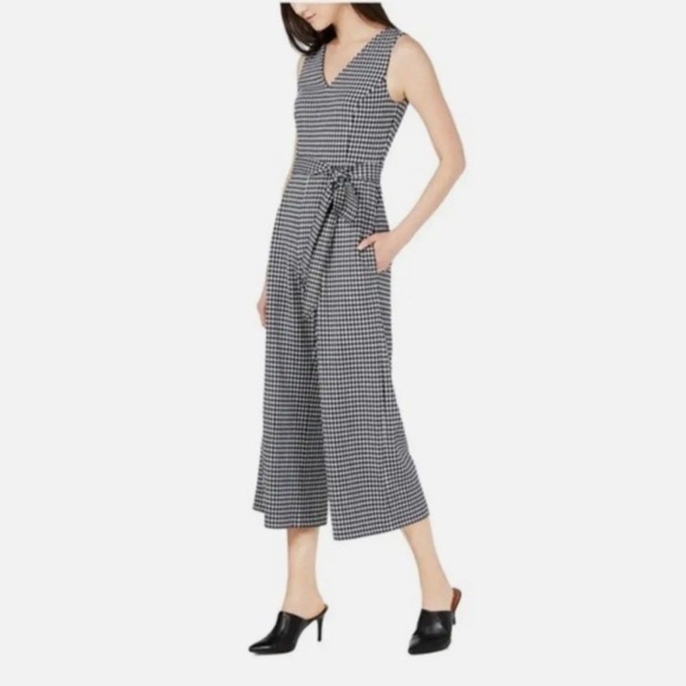 Calvin Klein Black White Houndstooth Wide Leg Jumpsuit Women 2 Comfy Classic